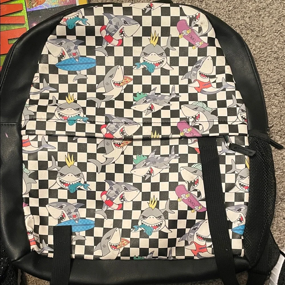 Shark Print Checkered Backpack - Picture 1 of 3